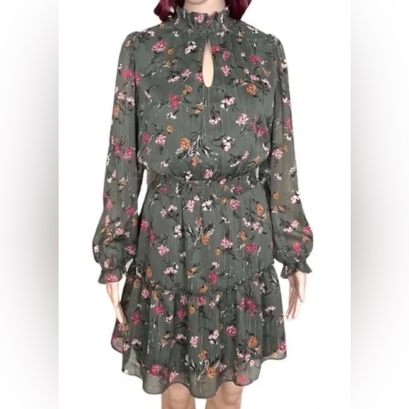 Anthropologie Drew Green Floral Chiffon Smocked High Neck Long Sleeve Dress - Picture 2 of 14